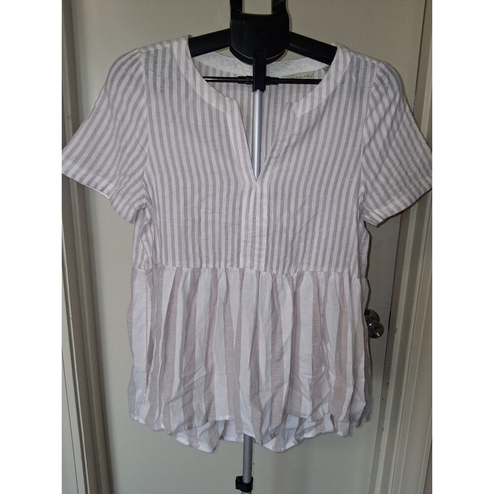NEW! Women's 11.1 Tylho Anthropologie Striped Peplum Blouse w/ Button Back, S - Picture 3 of 12